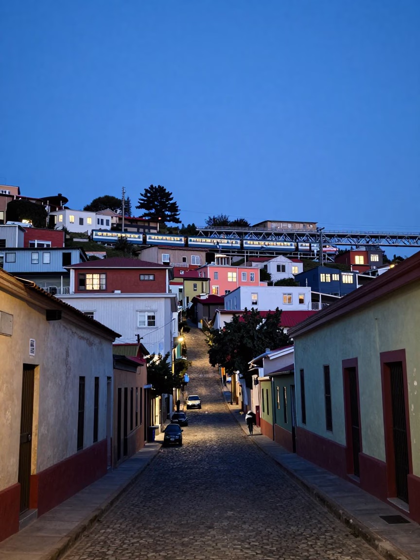 Street Scene in Valparaiso at Twilight in in Valparaiso, Chile