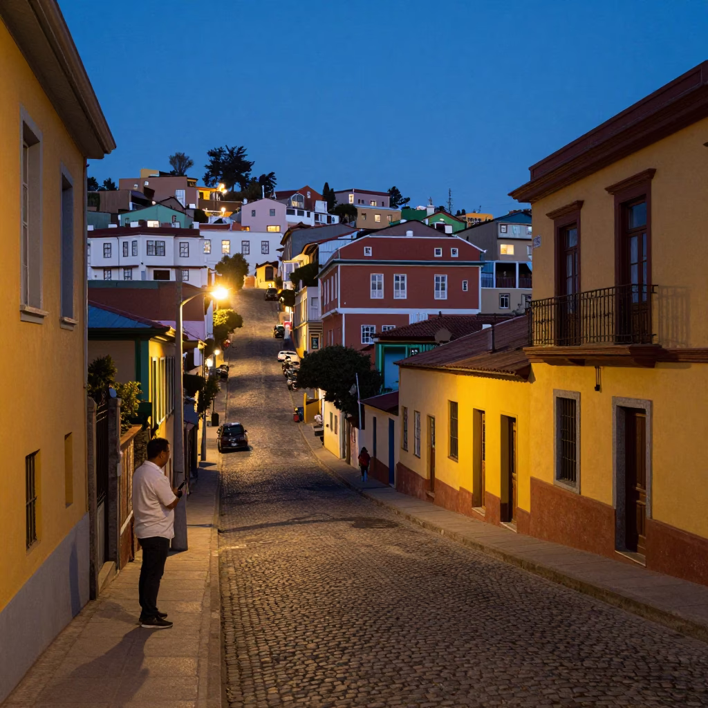 Street Scene in Valparaiso at Twilight in in Valparaiso, Chile