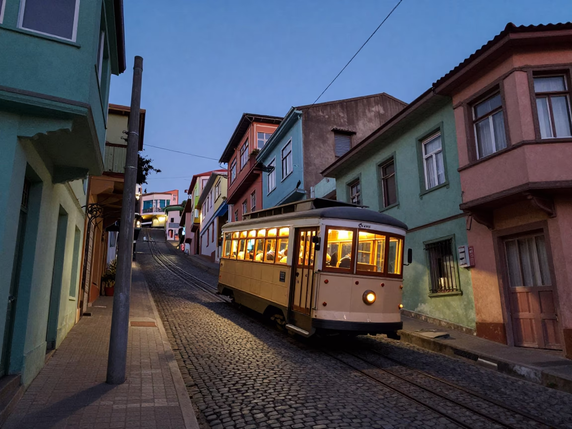 Street Scene in Valparaiso at Twilight in in Valparaiso, Chile