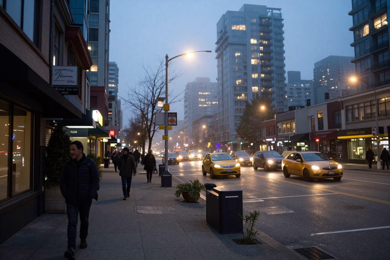 Street Scene in Vancouver at As City Lights Begin To Glow in in Vancouver, British Columbia, Canada