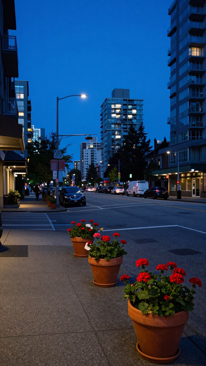 Street Scene in Vancouver at Blue Hour in in Vancouver, British Columbia, Canada