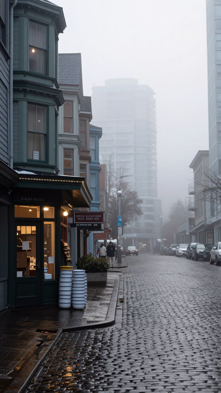 Street Scene in Vancouver at Dawn Light in in Vancouver, British Columbia, Canada