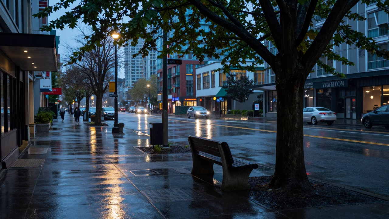 Street Scene in Vancouver at Dusk Light in in Vancouver, British Columbia, Canada
