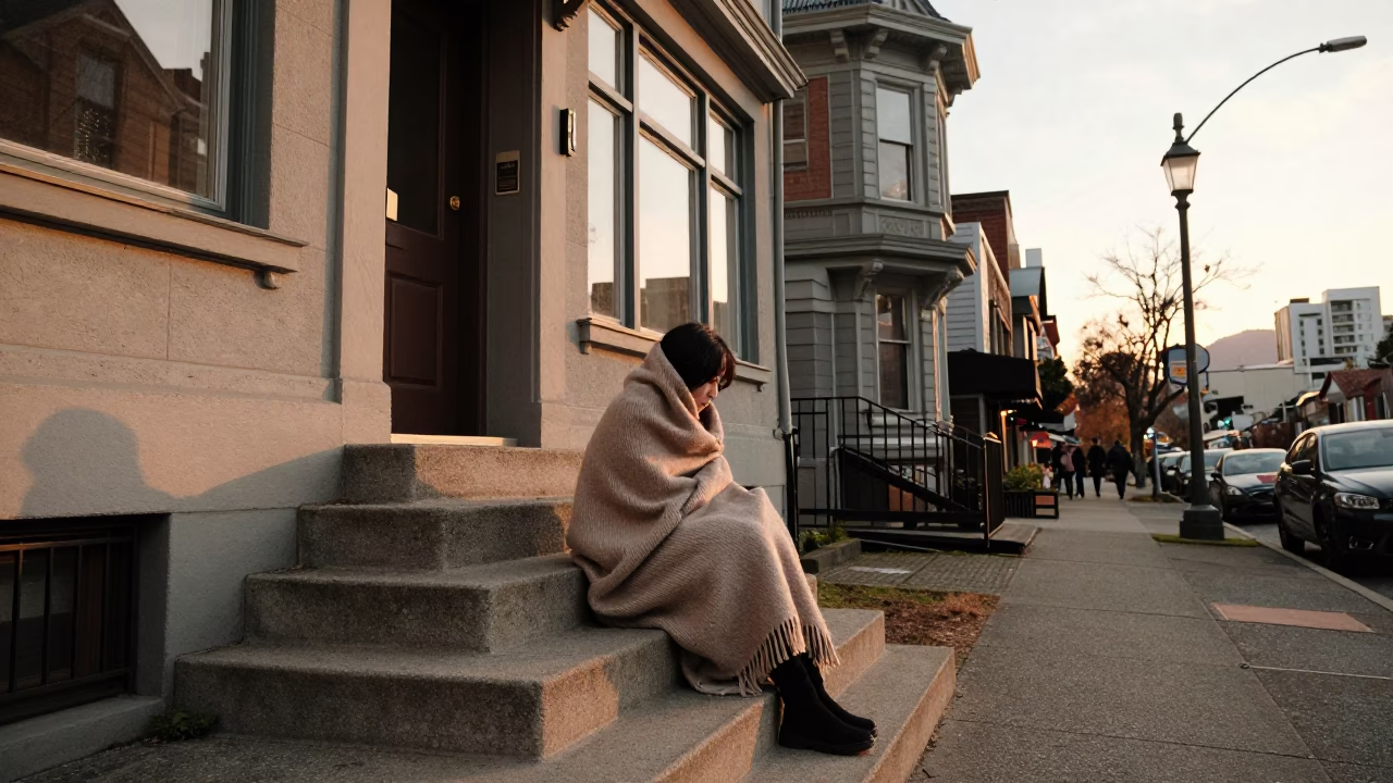 Street Scene in Vancouver at Honeyed Evening Light in in Vancouver, British Columbia, Canada