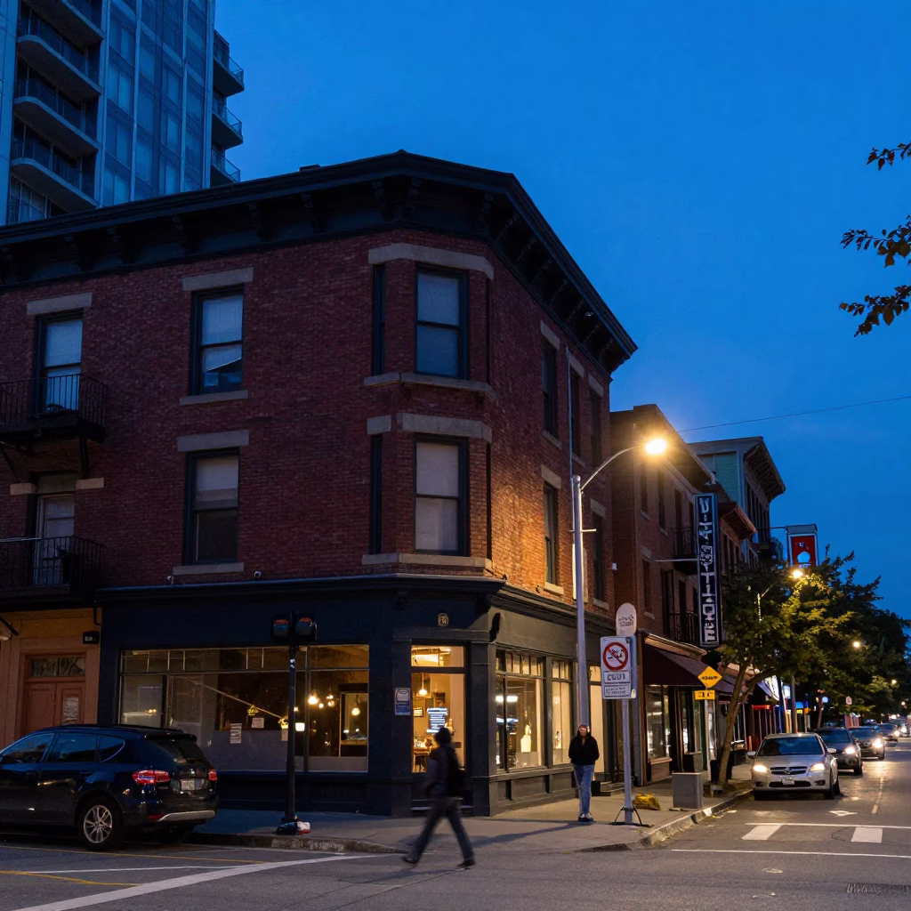 Street Scene in Vancouver at Indigo Twilight After Sunset in in Vancouver, British Columbia, Canada