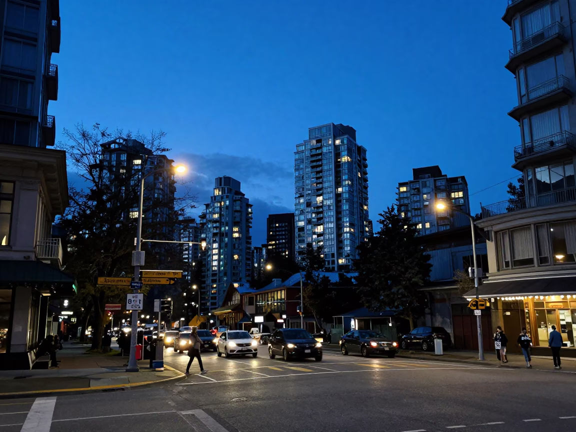 Street Scene in Vancouver at Indigo Twilight After Sunset in in Vancouver, British Columbia, Canada