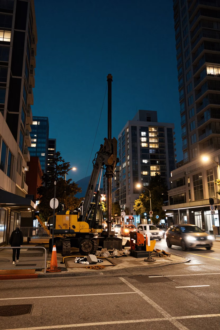 Street Scene in Vancouver at Late At Night Light in in Vancouver, British Columbia, Canada