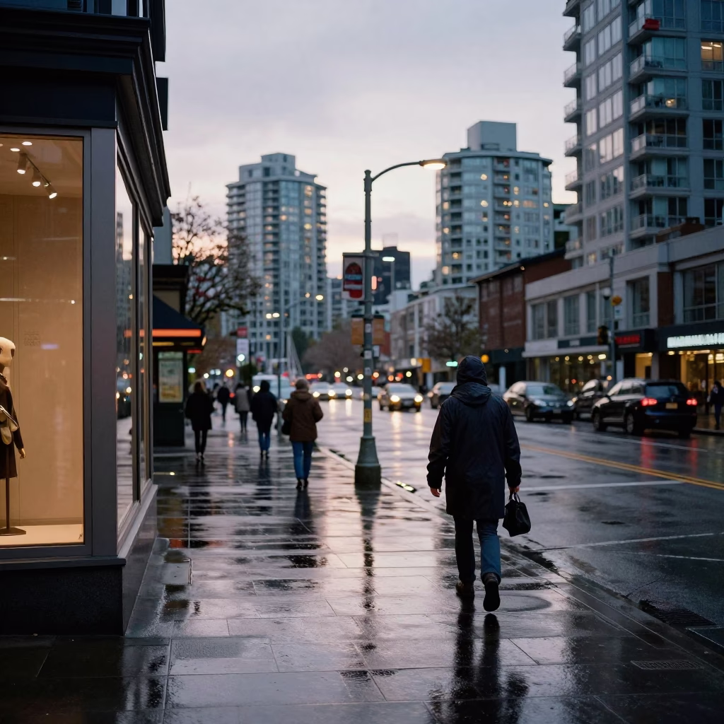 Street Scene in Vancouver at Nautical Dawn Light in in Vancouver, British Columbia, Canada