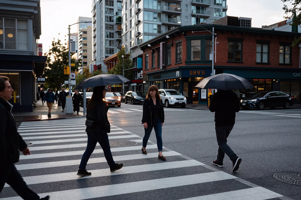 Street Scene in Vancouver at The Late Afternoon Light in in Vancouver, British Columbia, Canada
