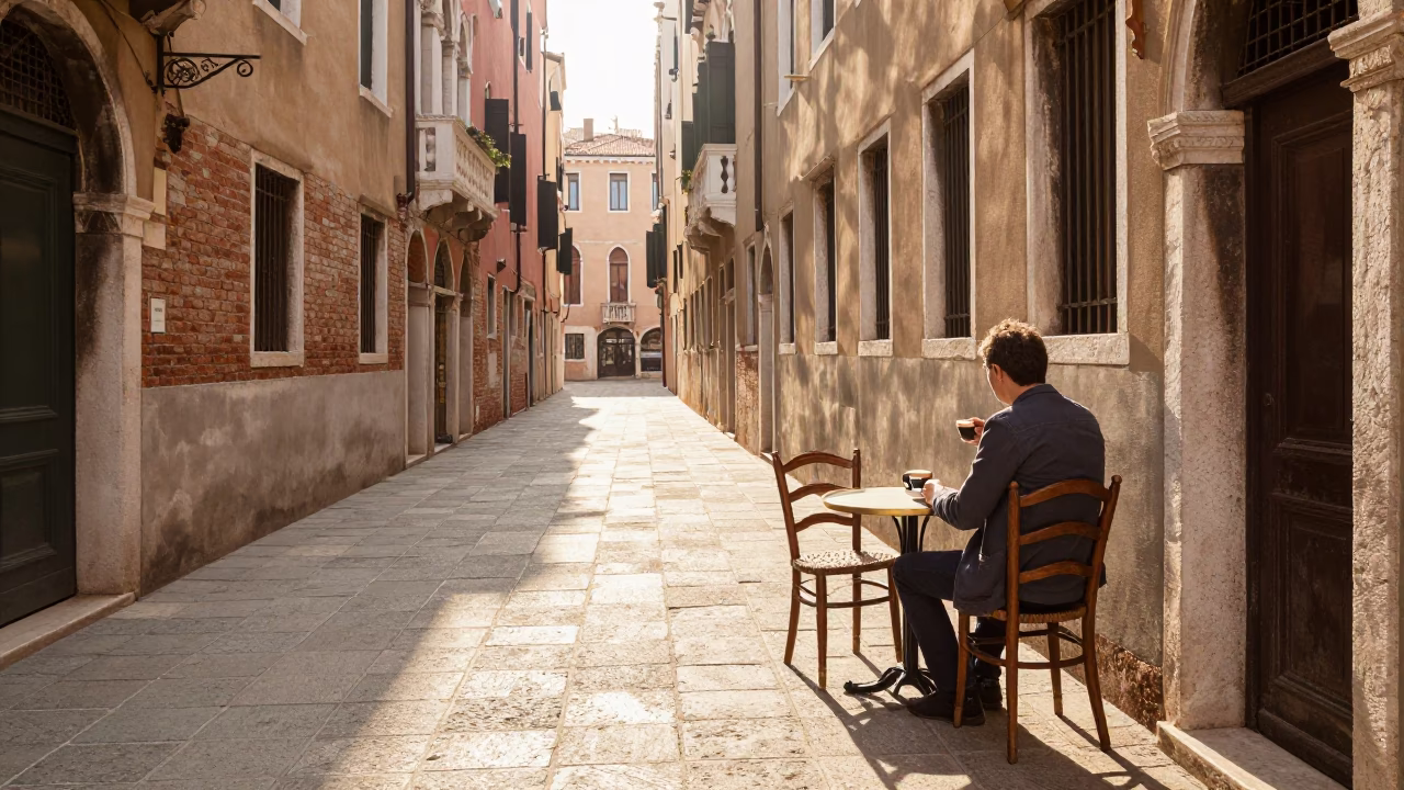 Street Scene in Venice at As First Light Reaches The Scene in in Venice, Italy