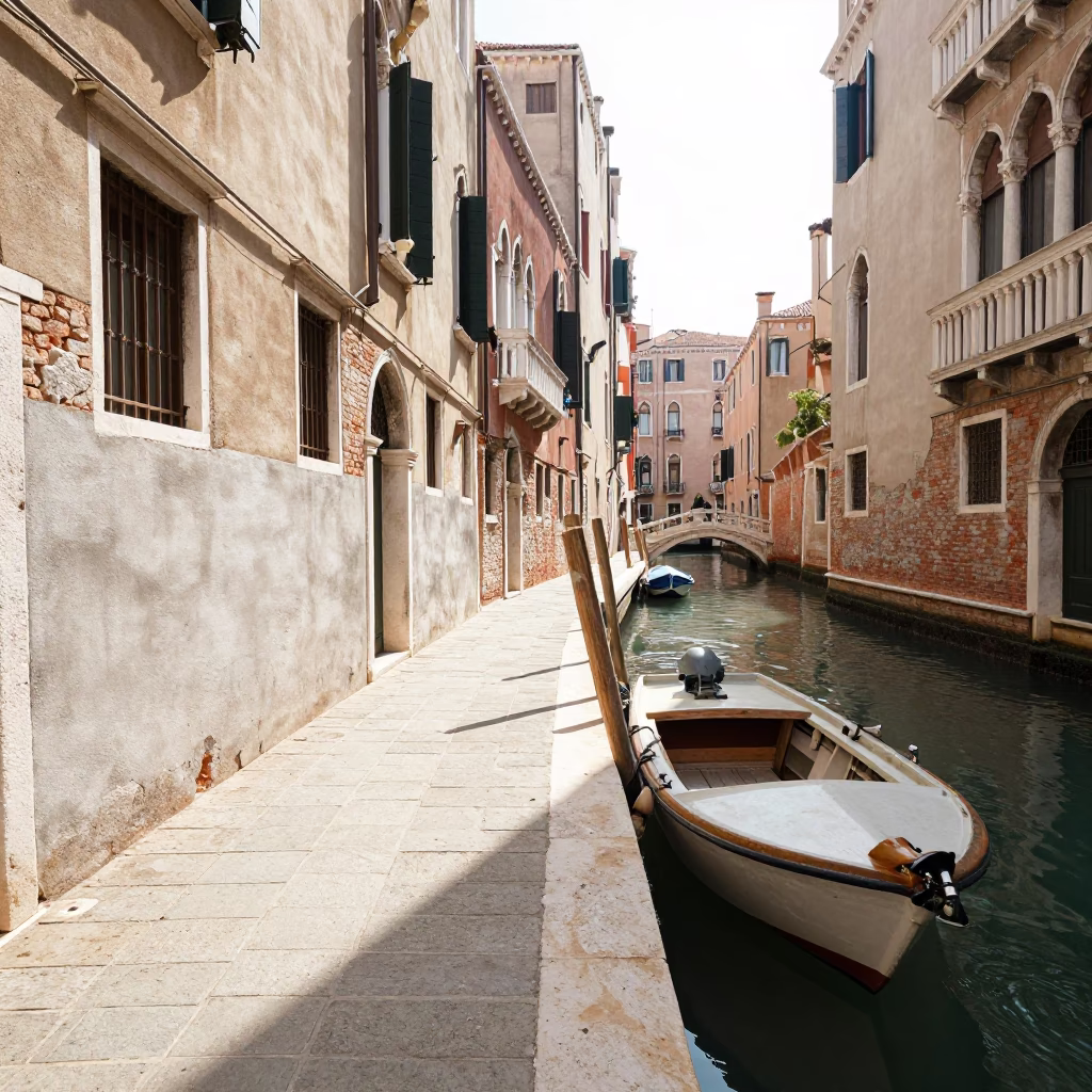 Street Scene in Venice at Bright Midmorning Light in in Venice, Italy
