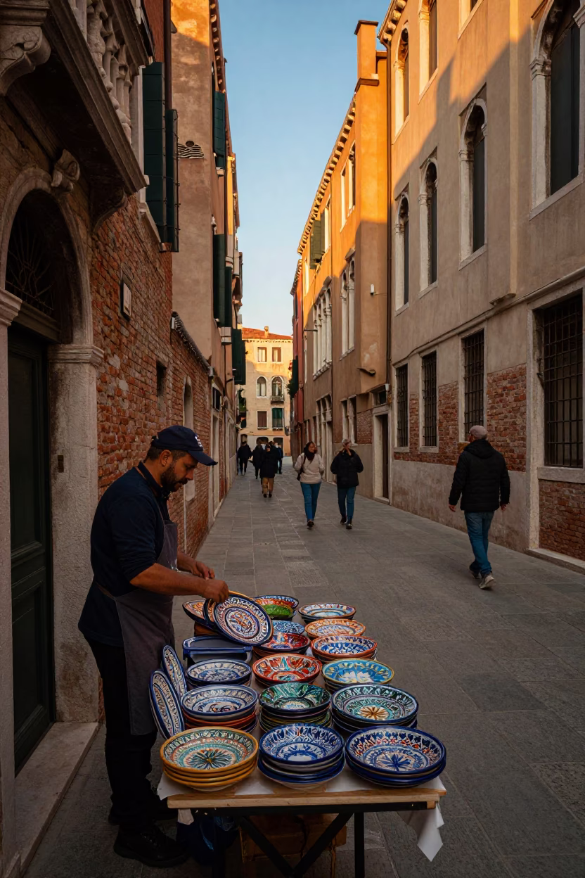 Street Scene in Venice at Honeyed Evening Light in in Venice, Italy