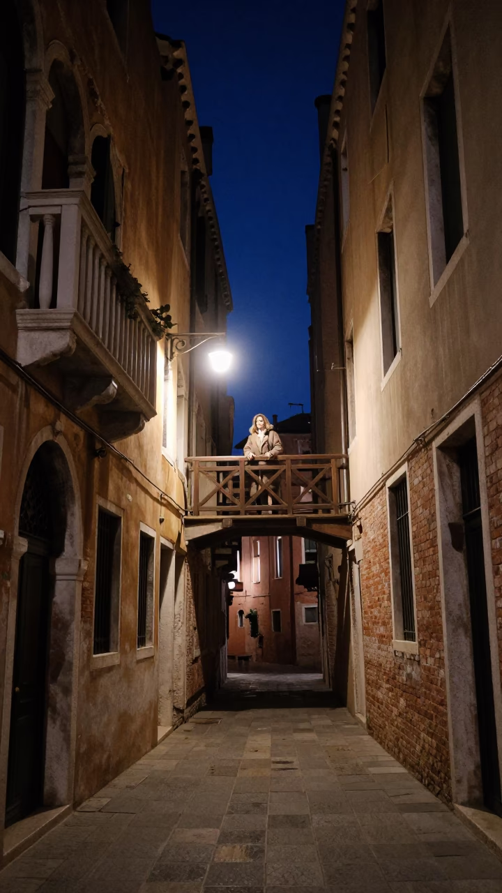 Street Scene in Venice at The Deepest Night Sky Light in in Venice, Italy