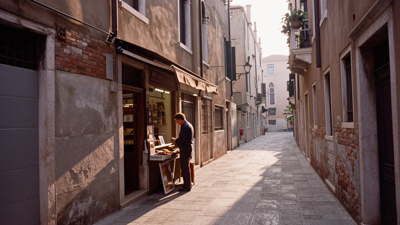 Street Scene in Venice at The Early Morning Light in in Venice, Italy