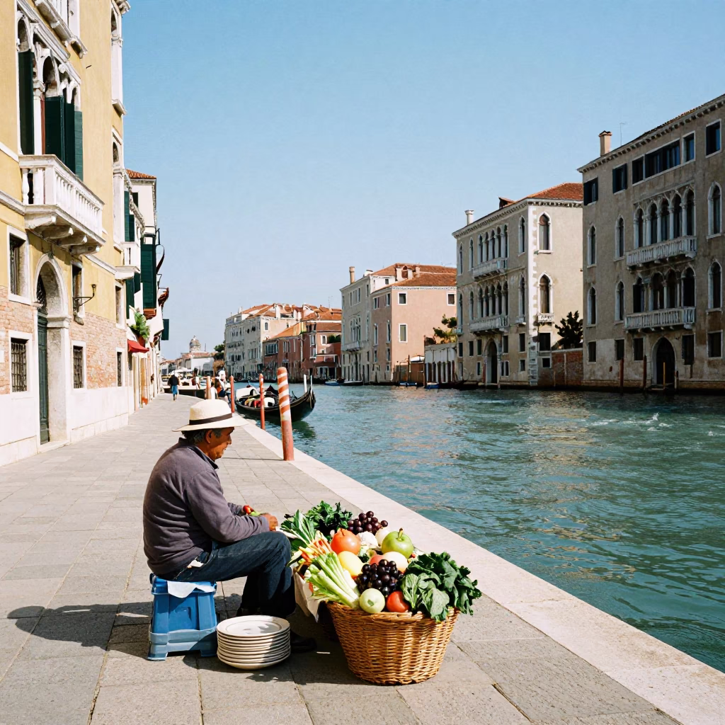 Street Scene in Venice at The Flat Glare Of Noon Light in in Venice, Italy