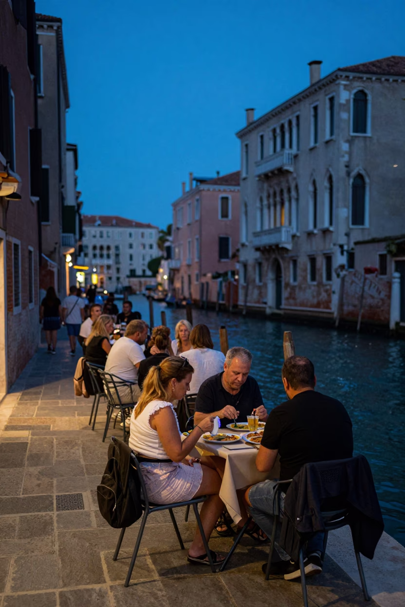 Street Scene in Venice at The Last Blue Light Of Evening in in Venice, Italy