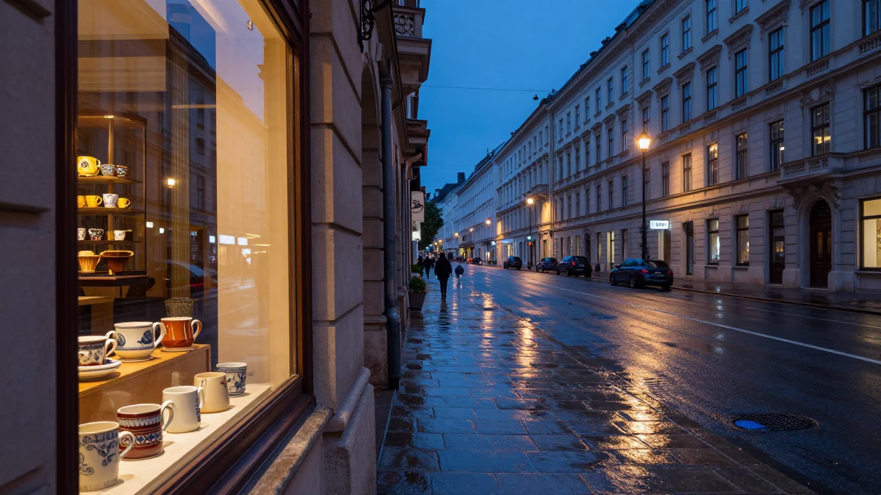 Street Scene in Vienna at Nautical Dawn Light in in Vienna, Austria