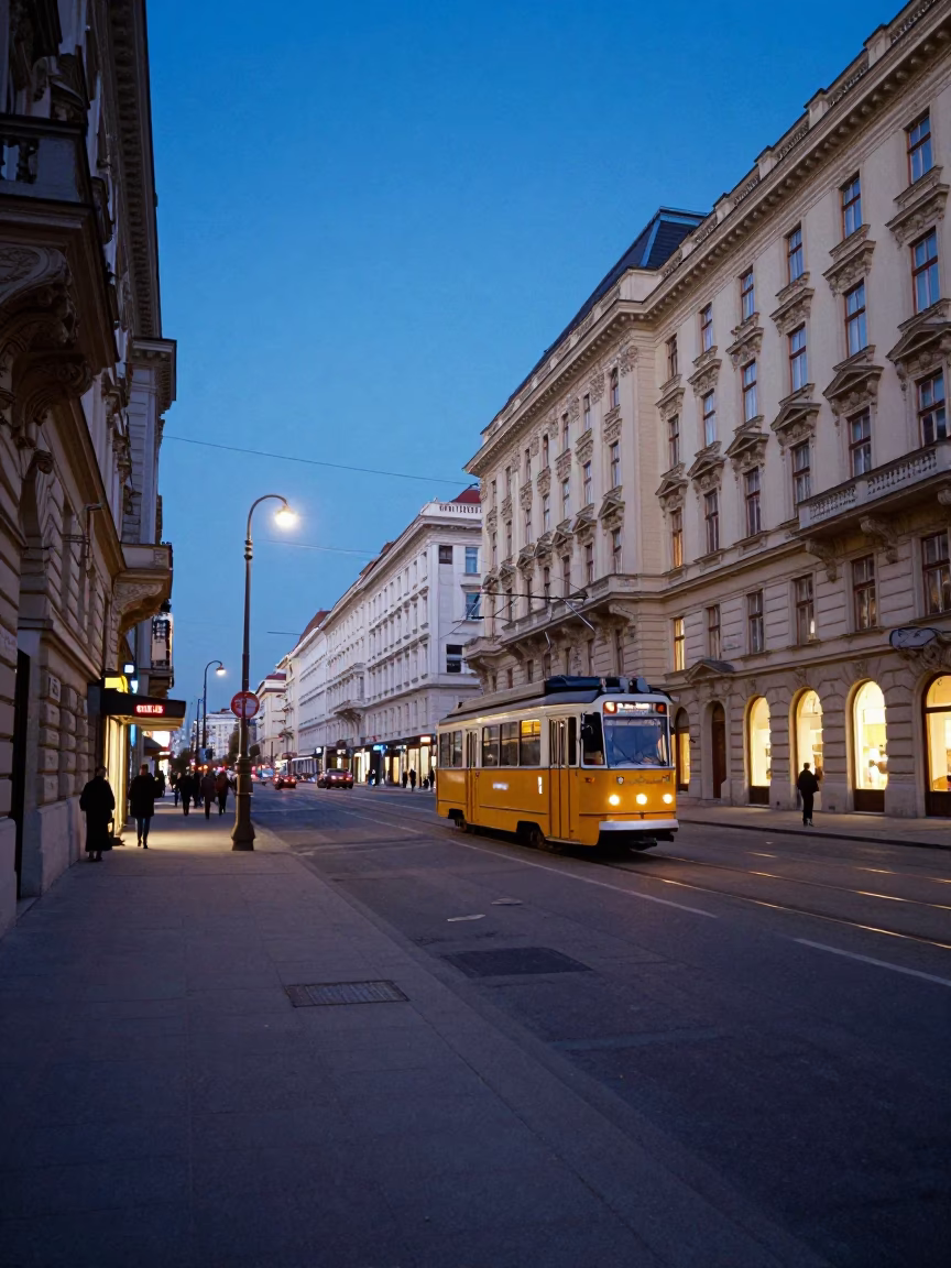 Street Scene in Vienna at The Last Blue Light Of Evening in in Vienna, Austria