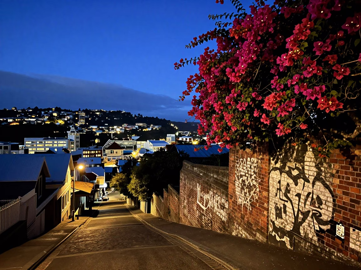 Street Scene in Wellington at As City Lights Begin To Glow in in Wellington, New Zealand