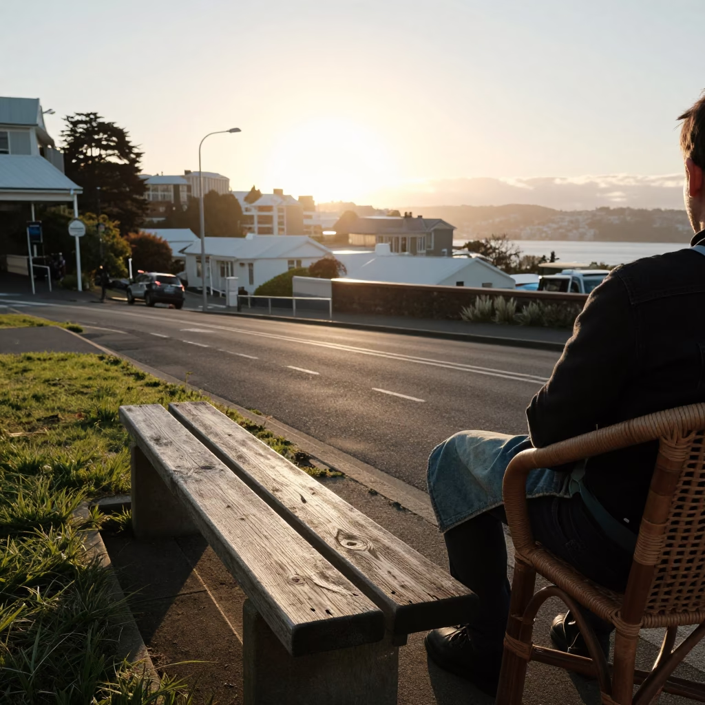 Street Scene in Wellington at As The Sun Drops Toward The Horizon in in Wellington, New Zealand