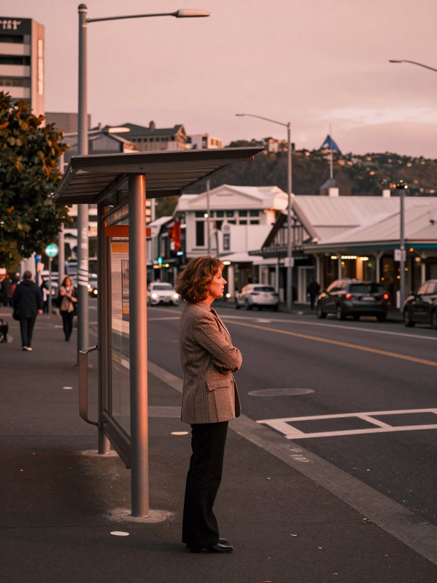 Street Scene in Wellington at Copper-toned Light Before Dusk in in Wellington, New Zealand