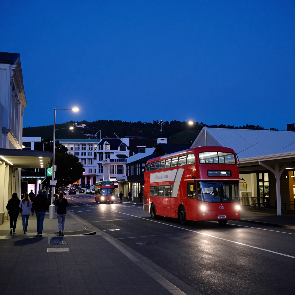 Street Scene in Wellington at Indigo Twilight After Sunset in in Wellington, New Zealand