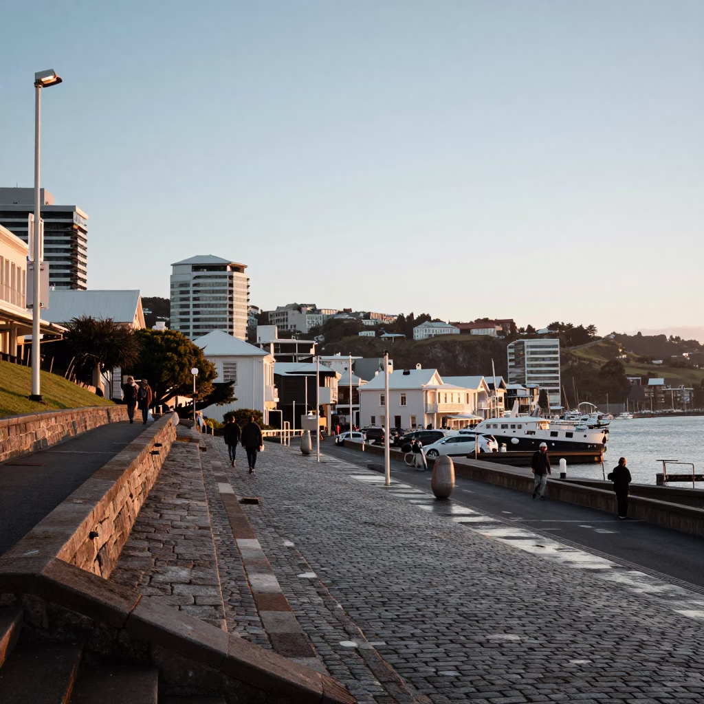 Street Scene in Wellington at Nautical Dawn Light in in Wellington, New Zealand