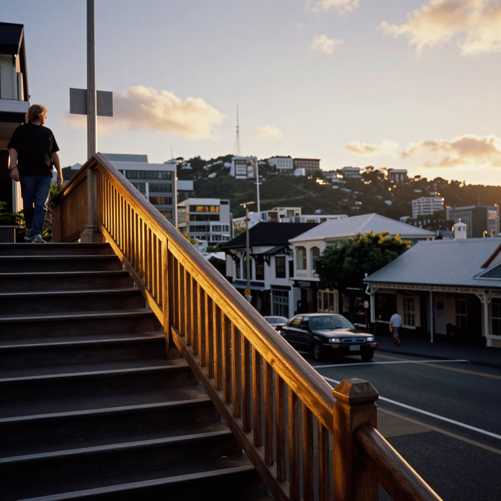 Street Scene in Wellington at Sunset Light in in Wellington, New Zealand