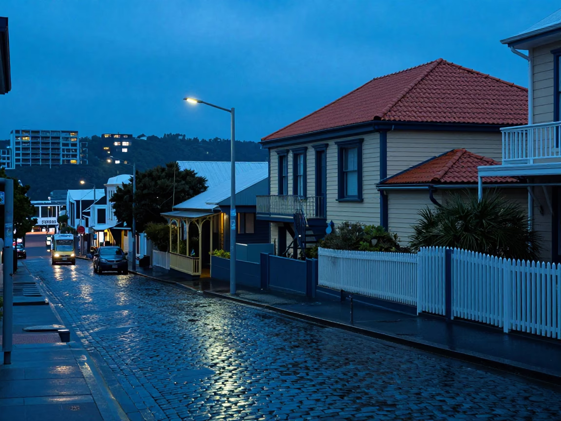 Street Scene in Wellington at The Last Blue Light Of Evening in in Wellington, New Zealand