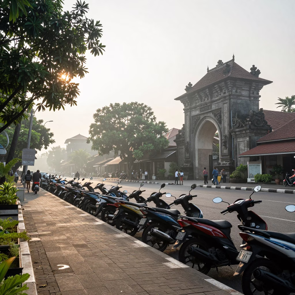 Street Scene in Yogyakarta at As First Light Reaches The Scene in in Yogyakarta, Indonesia