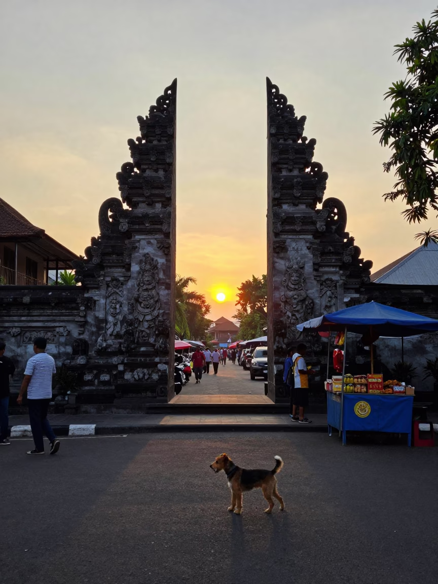 Street Scene in Yogyakarta at As The Sun Drops Toward The Horizon in in Yogyakarta, Indonesia