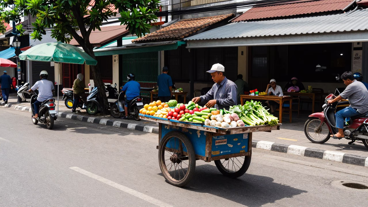 Street Scene in Yogyakarta at Bright Midmorning Light in in Yogyakarta, Indonesia
