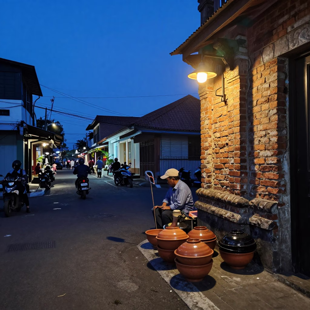Street Scene in Yogyakarta at Indigo Twilight After Sunset in in Yogyakarta, Indonesia