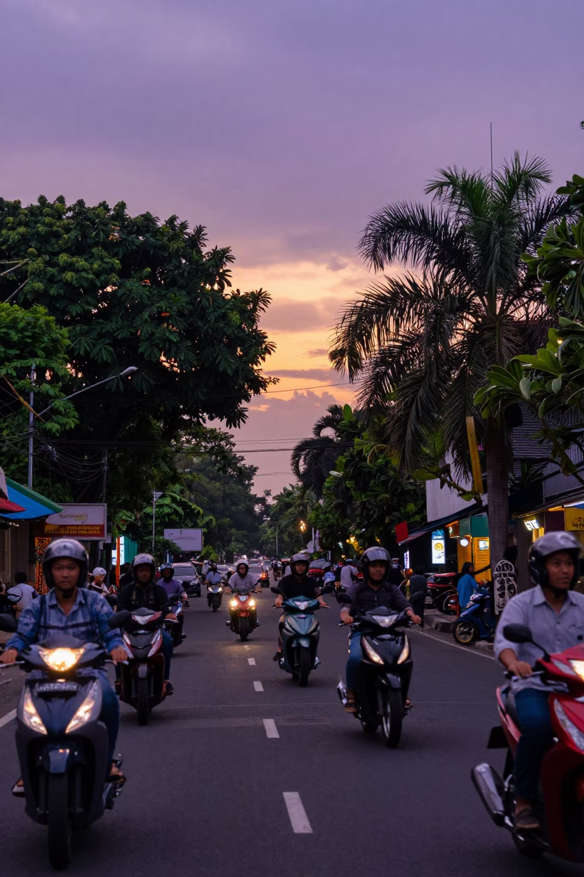Street Scene in Yogyakarta at Sunset Light in in Yogyakarta, Indonesia