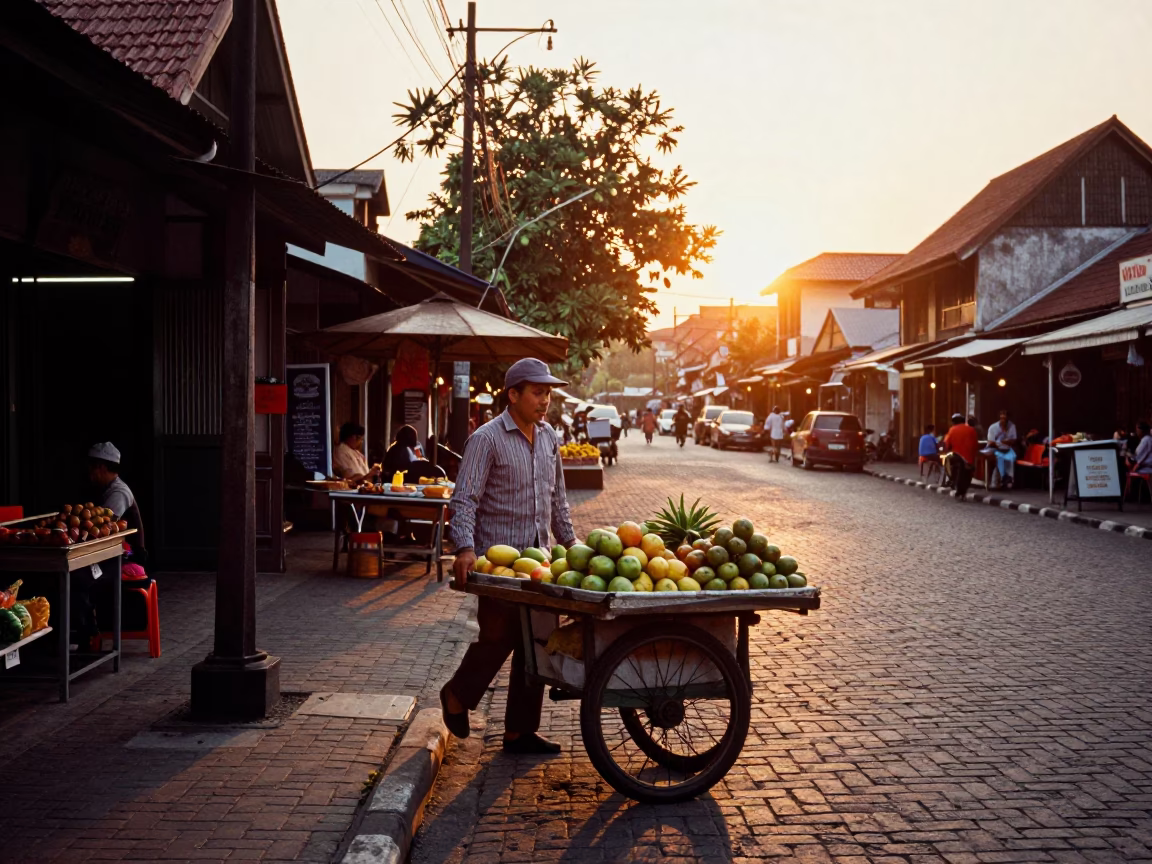 Street Scene in Yogyakarta at Sunset Light in in Yogyakarta, Indonesia