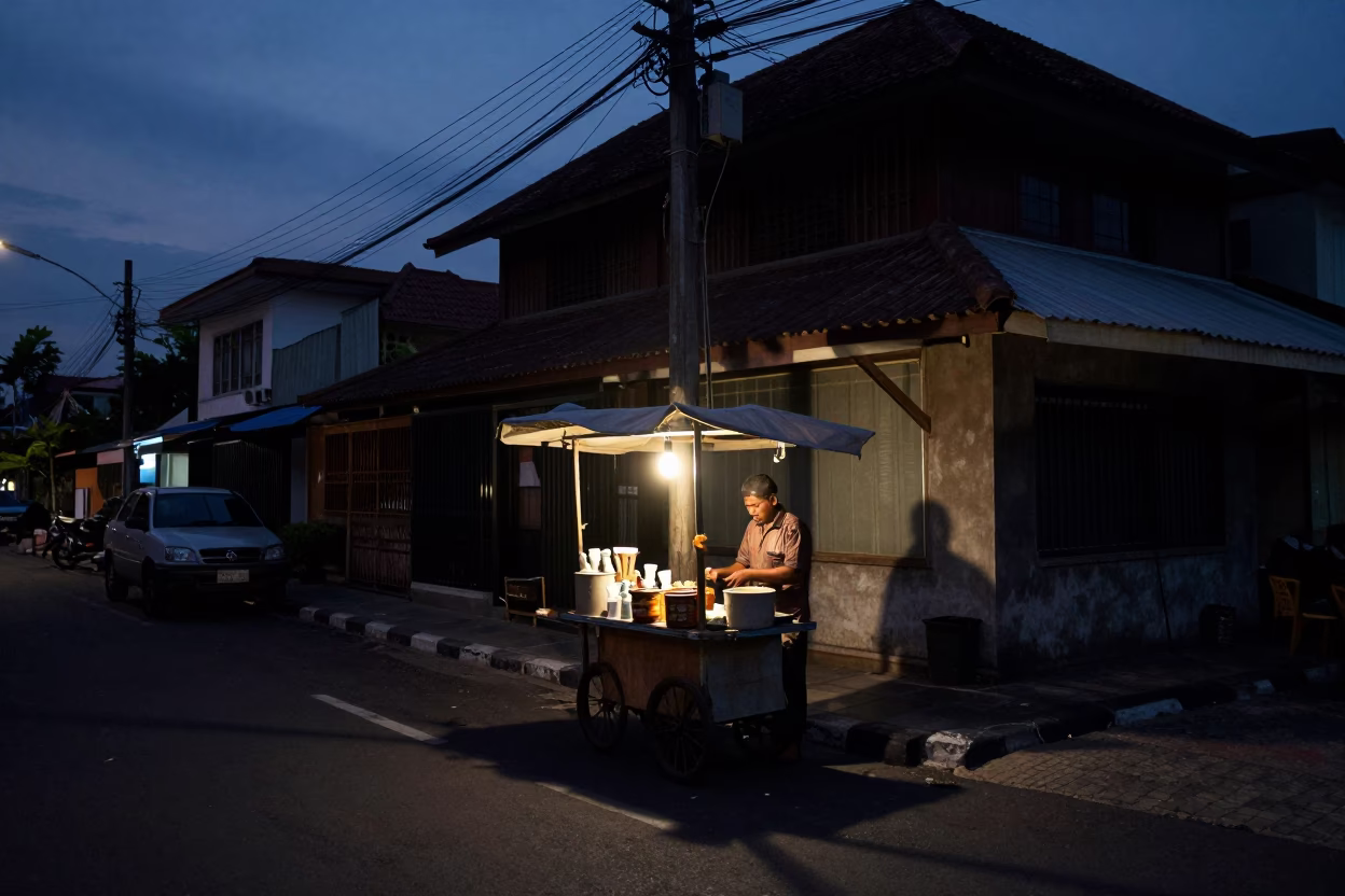 Street Scene in Yogyakarta at The Predawn Darkness Light in in Yogyakarta, Indonesia