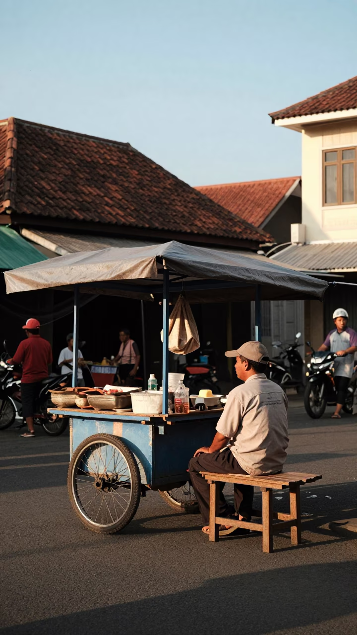 Street Scene in Yogyakarta Indonesia Late Afternoon Light with Local Vendor and Wicker Chair in in Yogyakarta, Indonesia