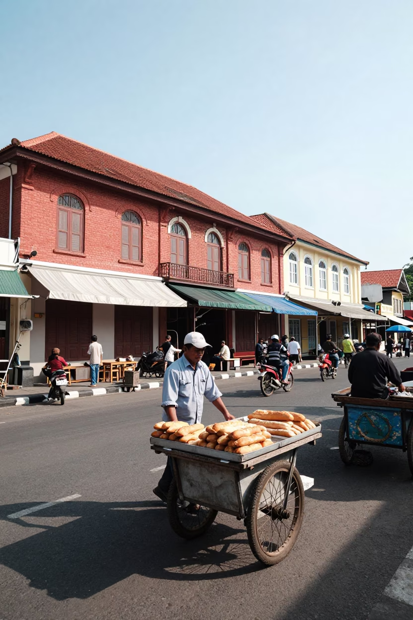 Street Scene in Yogyakarta Indonesia Midmorning Light with Local Vendors and Traditional Architecture in in Yogyakarta, Indonesia
