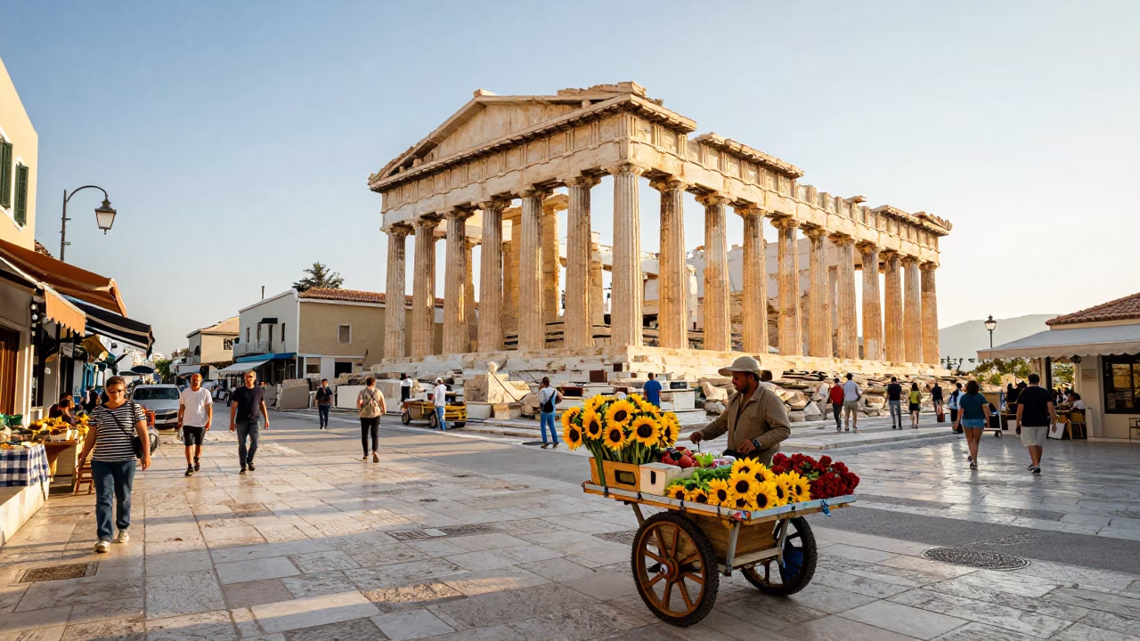 Street Scene just after sunrise in Athens in in Athens, Greece