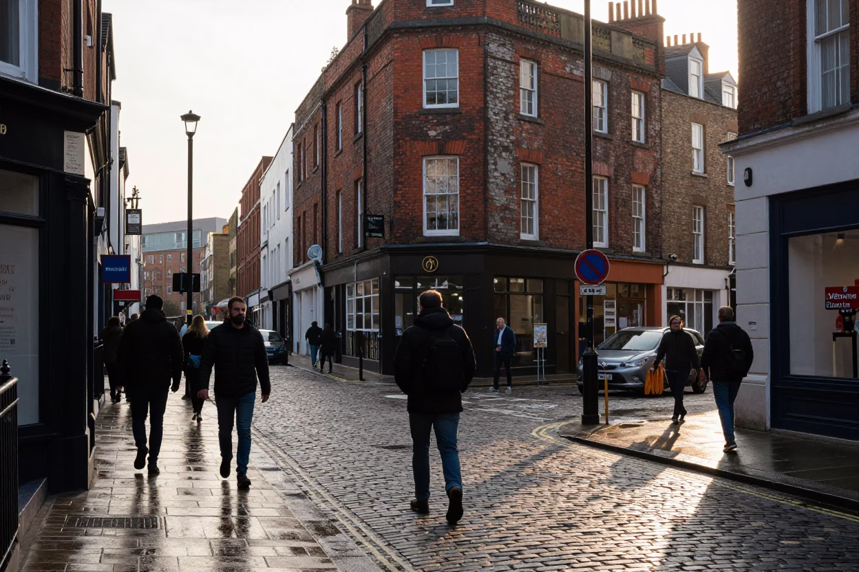 Street Scene just after sunrise in Bristol in in Bristol, United Kingdom
