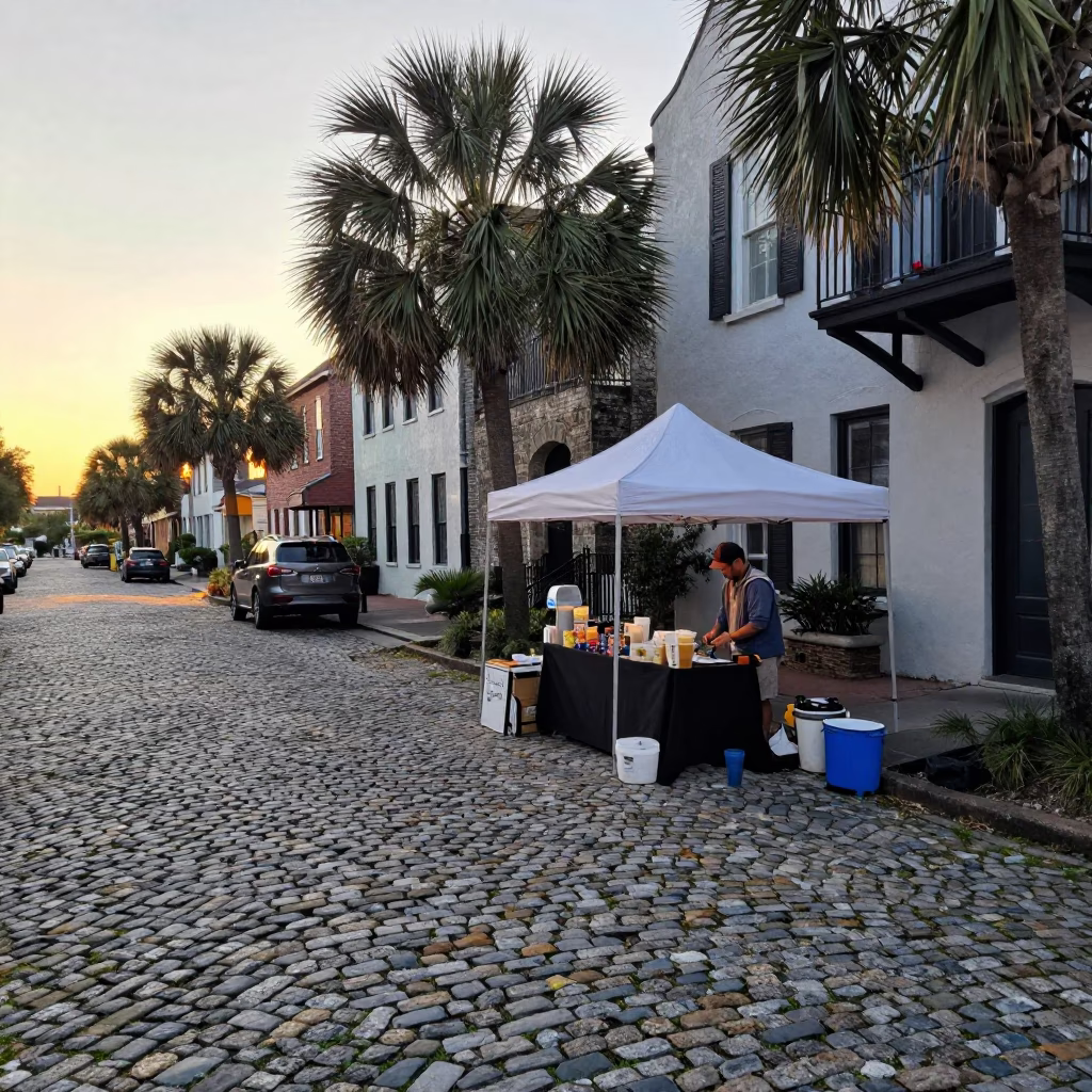 Street Scene just after sunrise in Charleston in in Charleston, South Carolina, United States
