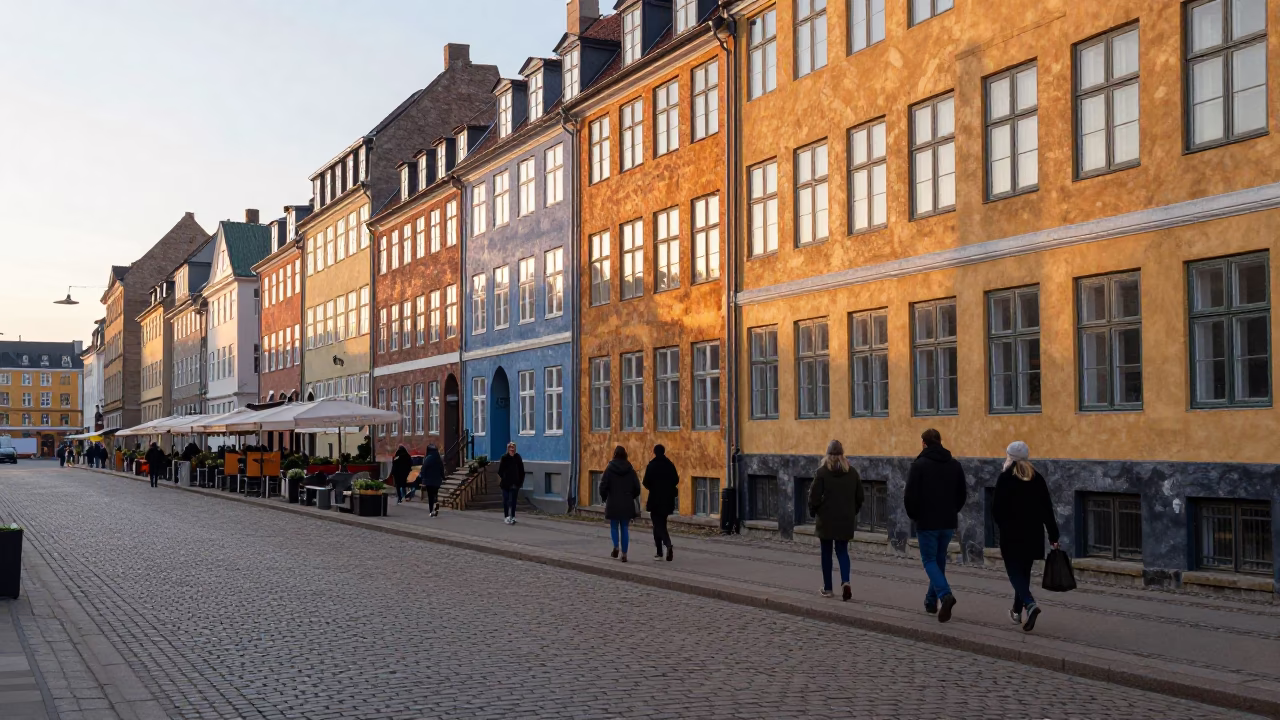 Street Scene just after sunrise in Copenhagen in in Copenhagen, Denmark