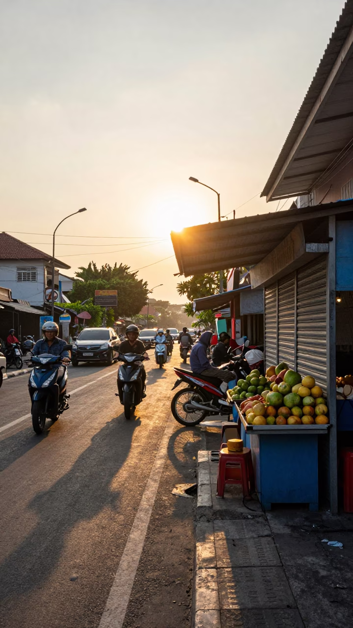 Street Scene just after sunrise in Denpasar in in Denpasar, Indonesia