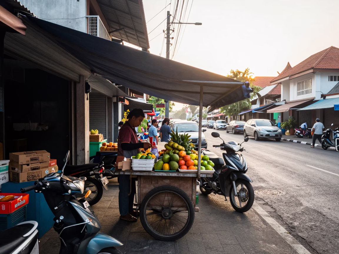 Street Scene just after sunrise in Denpasar in in Denpasar, Indonesia