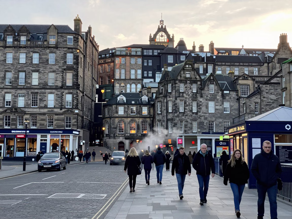 Street Scene just after sunrise in Edinburgh in in Edinburgh, United Kingdom