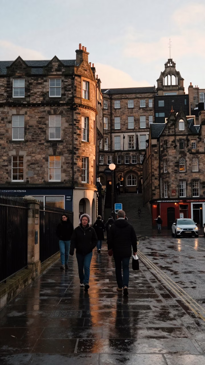 Street Scene just after sunrise in Edinburgh in in Edinburgh, United Kingdom