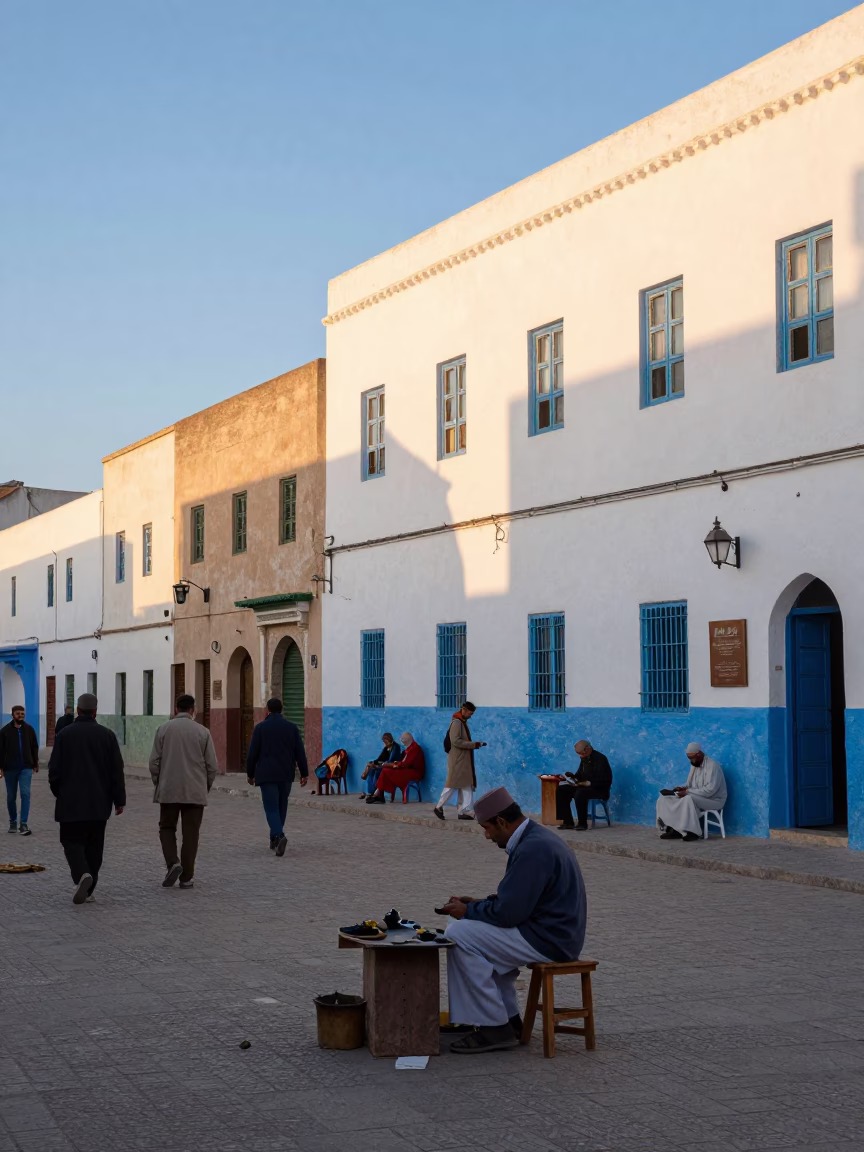 Street Scene just after sunrise in Essaouira in in Essaouira, Morocco