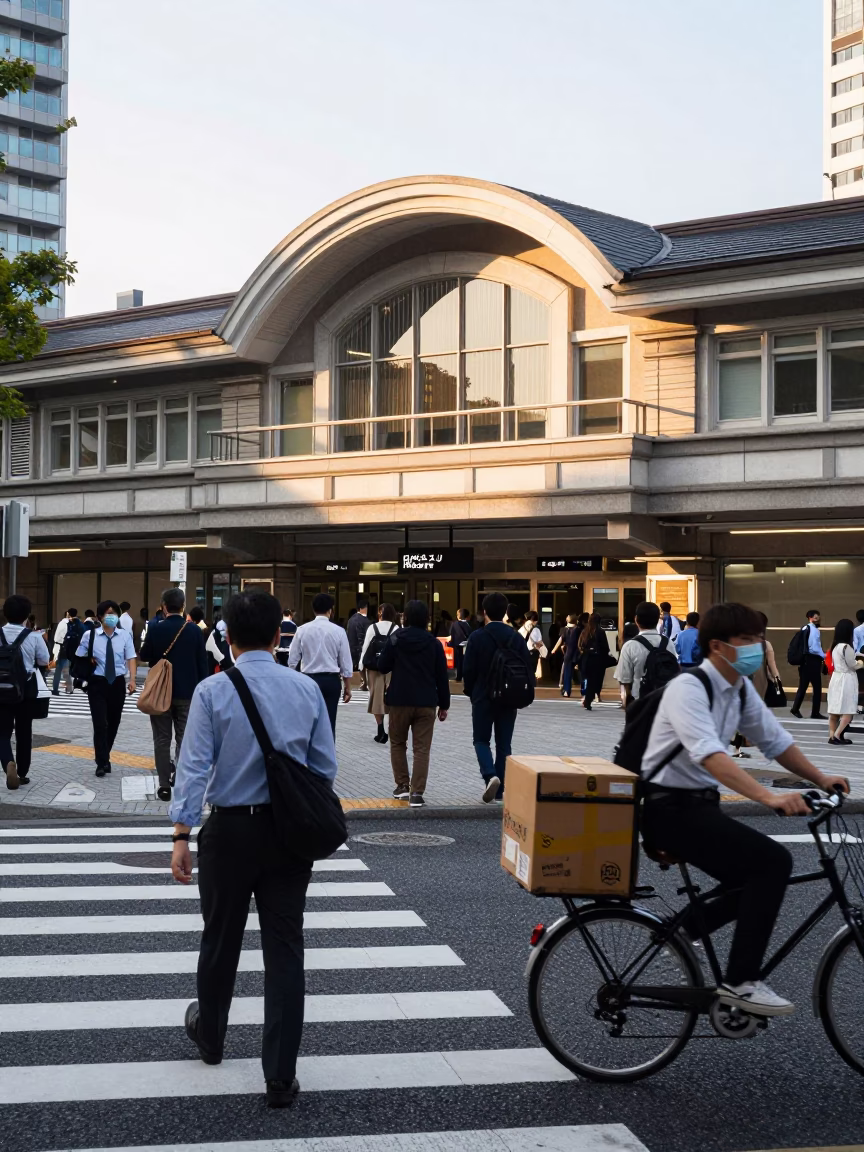 Street Scene just after sunrise in Fukuoka in in Fukuoka, Japan