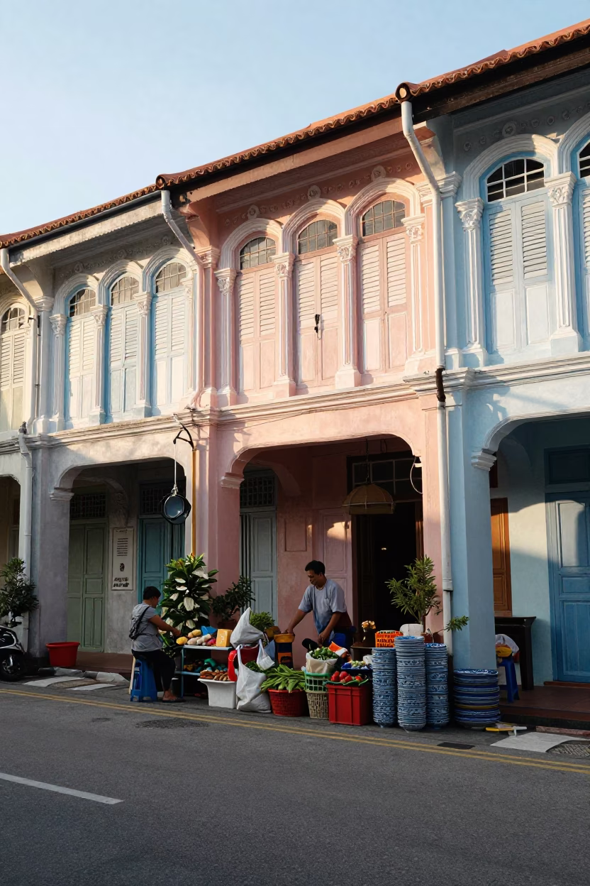Street Scene just after sunrise in George Town in in George Town, Malaysia