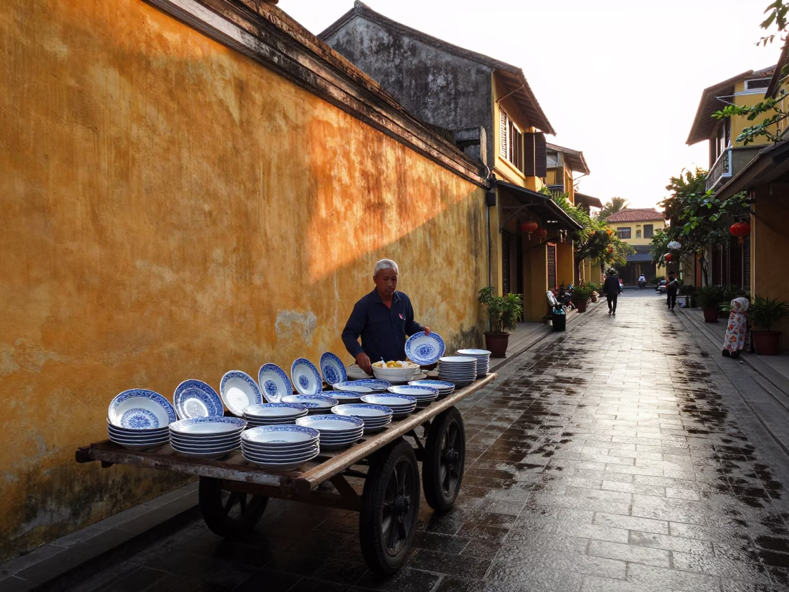 Street Scene just after sunrise in Hoi An in in Hoi An, Vietnam